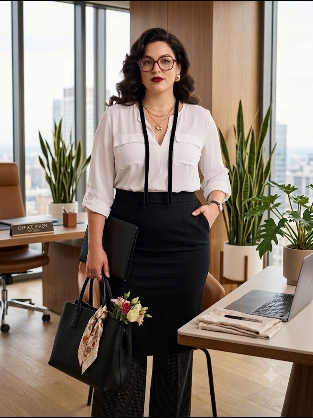 Plus Sized Split Neck Utility Blouse Roll Sleeve Minimalist Office Siren Blouse - Picture 3 of 17